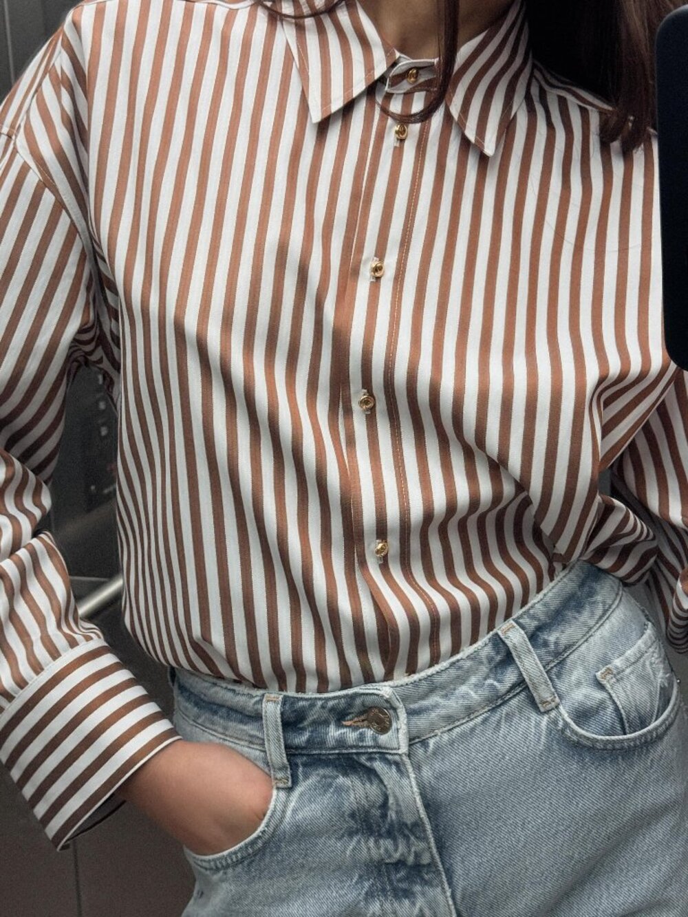 NWT Zara Metallic Yarn Striped Shirt / Brown Ecru / Size S